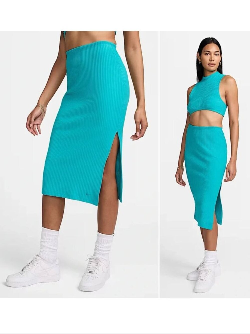 Nike Sportswear Chill Rib Slim Midi SKIRT Sz S M Pull On Slit Turquoise Blue NEW